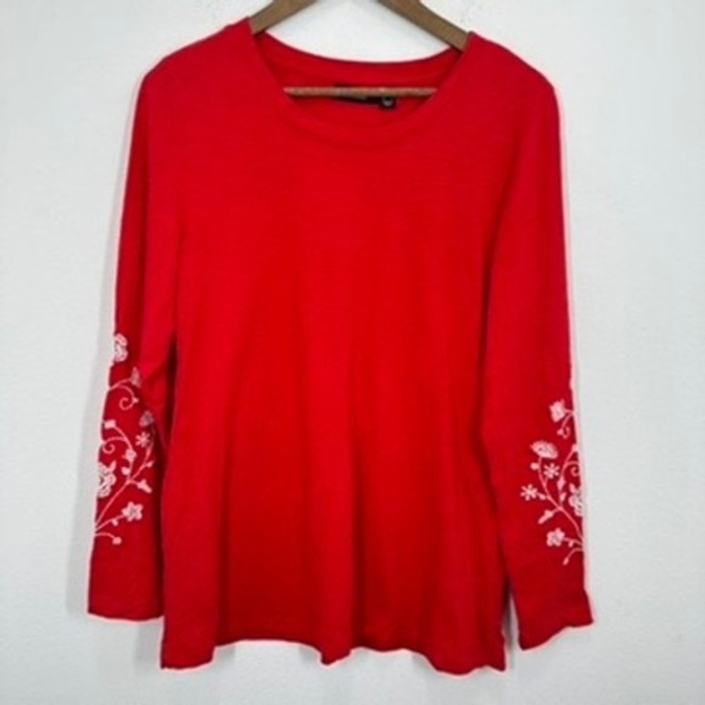 Susan Graver Weekend Red‎ Embroidered Floral Puff Sleeve Casual Vibrant Top